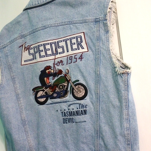 Vintage Acme Clothing Taz Tasmanian Devil Speedster Distressed Denim Vest - Picture 9 of 9